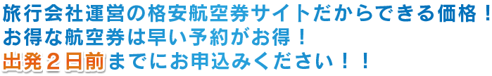 旅行会社運営の格安航空券サイトだからできる価格！お得な航空券は早い予約がお得！出発７日前までにお申込みください！！